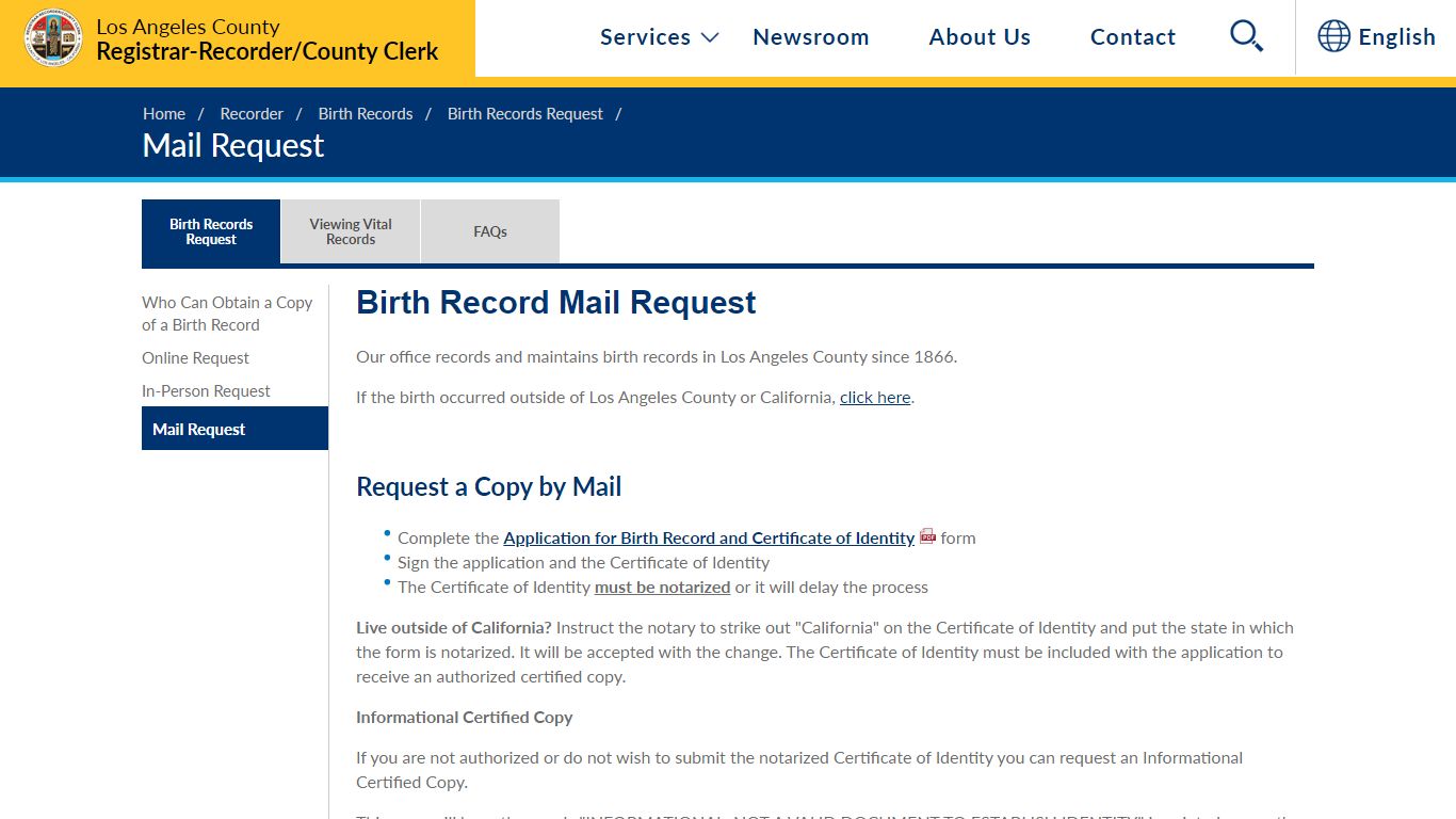 Birth Record Mail Request - Los Angeles County Registrar ...